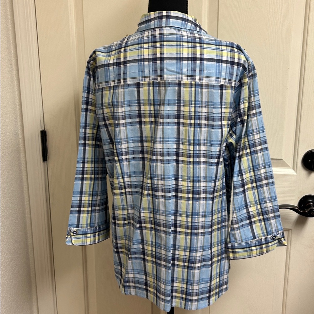 Allison Daley Plaid Button Up Shirt, Size Large, Blue and Yellow, Black EUC - Picture 6 of 9
